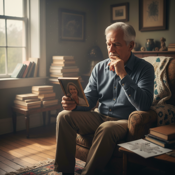 一位60岁内向男性在客厅沉思，看着妻子照片，表达对更年期亲密关系变化的关切与孤独感。