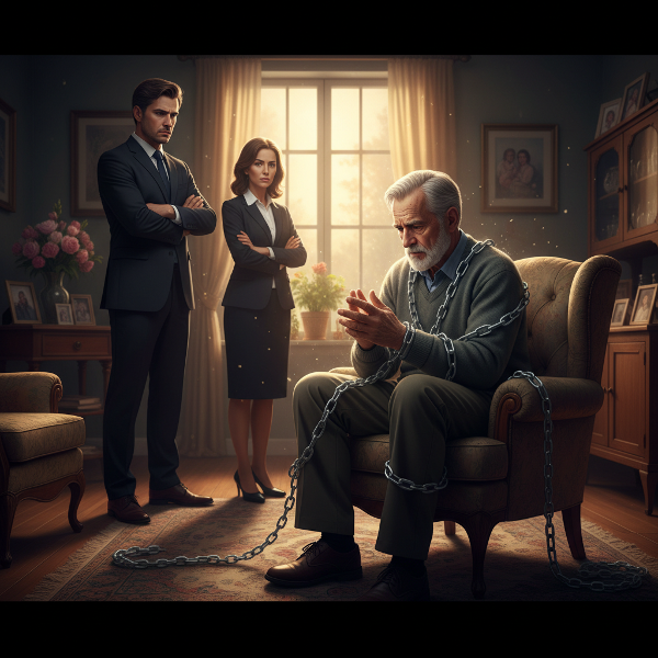 描绘一位退休老人面对家庭情感虐待时的孤独与寻求支持的希望。