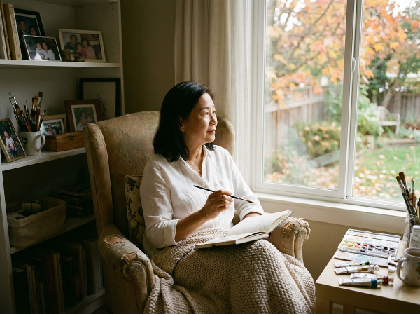 一位64岁女性在温馨房间中进行艺术创作，通过绘画和日记表达内心，窗外季节变化象征情绪波动，整体氛围宁静而充满希望。