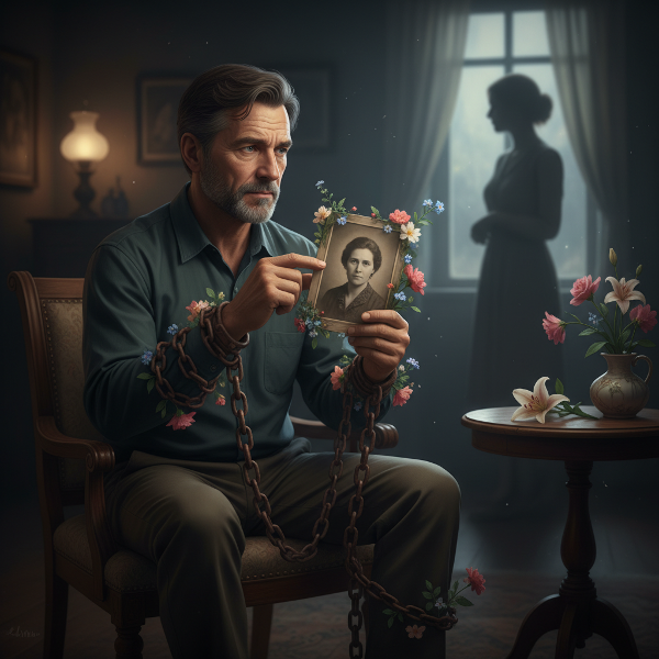 描绘56岁丧偶男性在情感十字路口的内心挣扎，展现过去创伤与未来承诺之间的心理冲突。