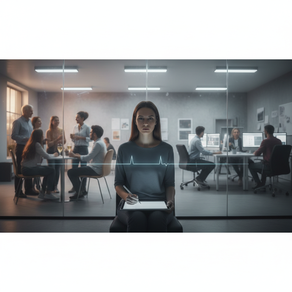 一位平面设计师被透明玻璃墙隔绝，描绘长期情感钝化和内心空茫的状态。