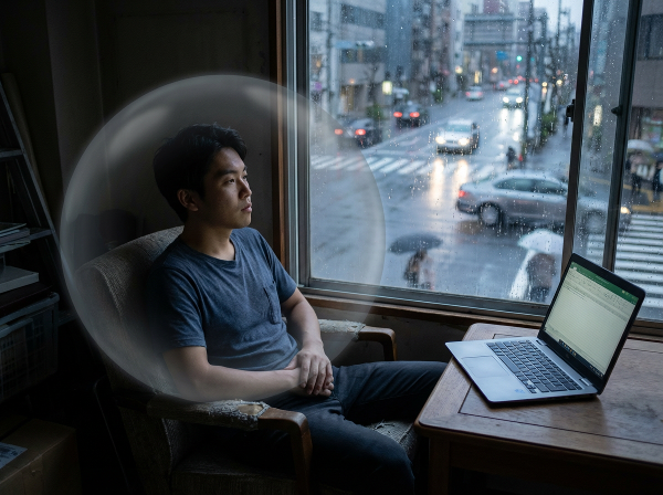 一位年轻男性在灰色玻璃罩般的隔离感中，望着窗外流动却无关的世界，体现了情绪麻木与生活抽离的状态。