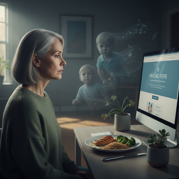 一位50岁女性在柔和光线下面对电脑屏幕，表现出情感麻木与抑郁。背景中漂浮着代表童年创伤和失去兴趣的模糊影像，桌上整齐的健康食品未被触碰。整体氛围忧郁但带有一丝希望之光。