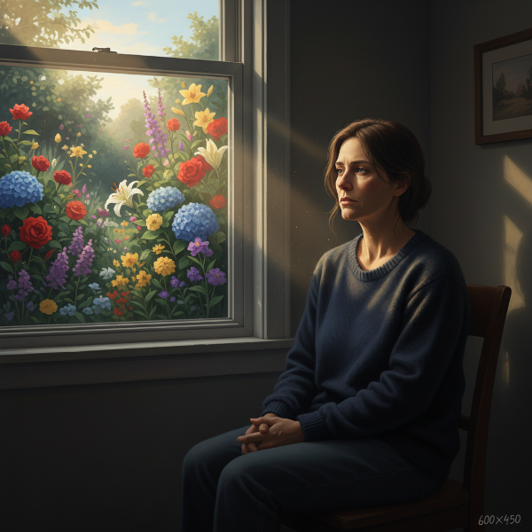 一位中年女性在昏暗房间中望向窗外，内心麻木与外界生机形成对比，一束微光象征希望与重新连接的可能。