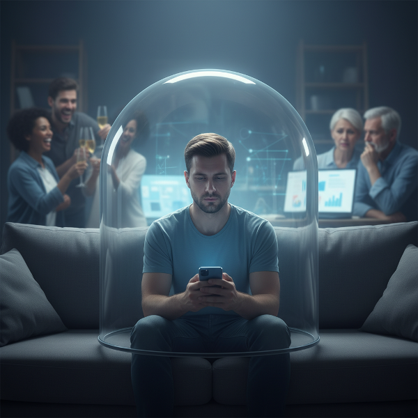 一位年轻男性被情感玻璃罩隔绝，象征着他描述的空洞与麻木状态。