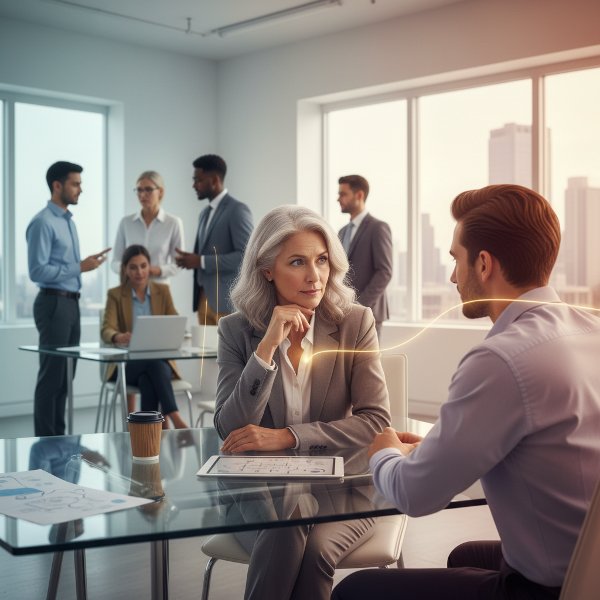 描绘一位60岁女性在职场中感受无形竞争压力与孤独，通过发展共情能力寻求情感连接的场景。