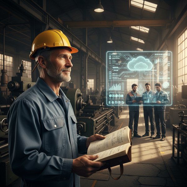 一位资深制造业员工在数字化转型中，面对年轻同事与新技术，思考自身经验价值的场景。