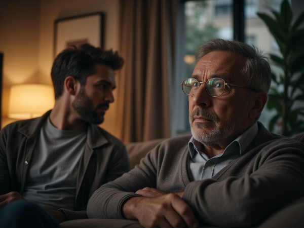 一位55岁的父亲与32岁的儿子之间出现沟通障碍，父亲感到困惑和受伤，渴望重建信任和深入连接的情感场景。