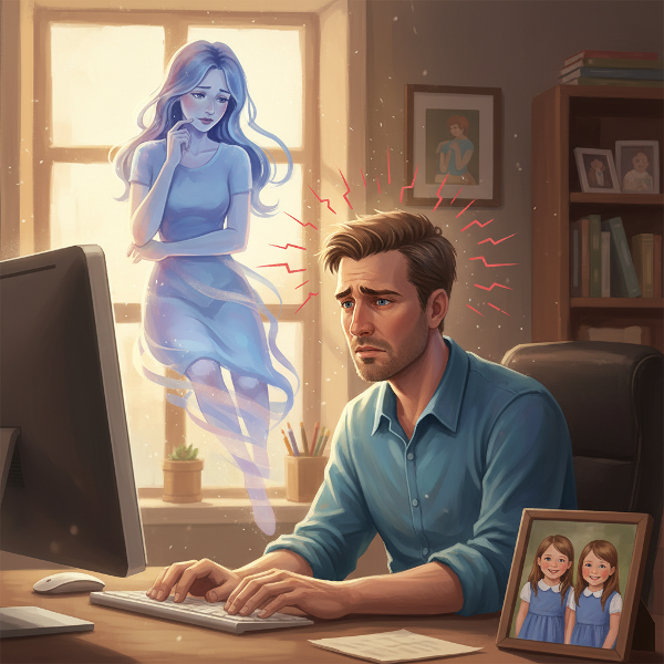 一位父亲在家中思考育儿分歧，背景有双胞胎女儿的照片，画面体现家庭关系与内心困扰。