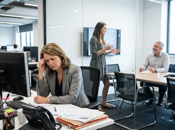 一位45岁的女性部门主管在办公室环境中，内心充满矛盾与压力，看着一位年轻有活力的女同事向赞赏她的老板做汇报。画面传达出职场嫉妒、内心挣扎以及对自我反思和成长的渴望。