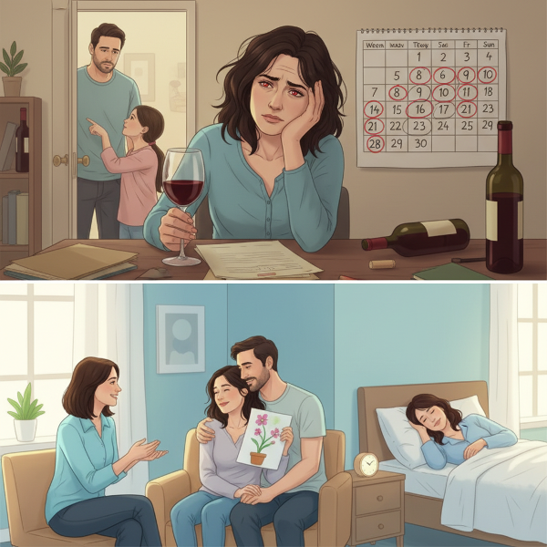 一位疲惫的女教师在压力下饮酒，家人担忧，最终寻求帮助走向康复的转变过程。