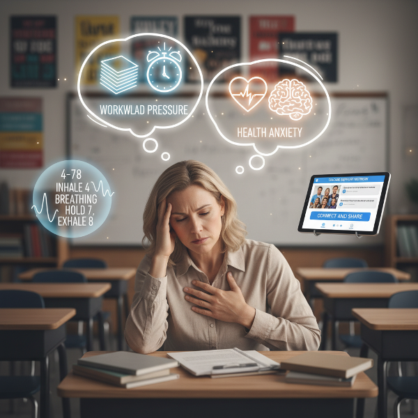 一位45岁女教师因工作压力和健康焦虑导致慢性躯体症状，图像展示她在办公桌前承受压力，同时呈现心理干预和支持元素。