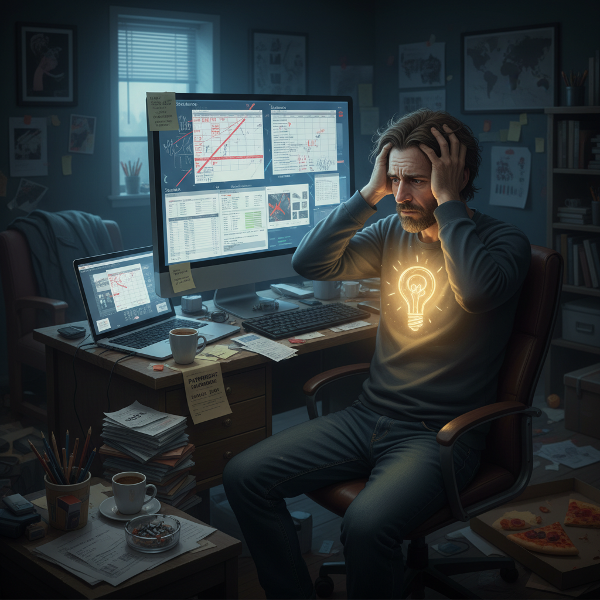 一位47岁的自由职业平面设计师正经历职业倦怠和财务焦虑，坐在凌乱的办公桌前，面对电脑、账单和截止日期感到不堪重负，而一丝微弱的创意火花正努力穿透压力的阴霾。