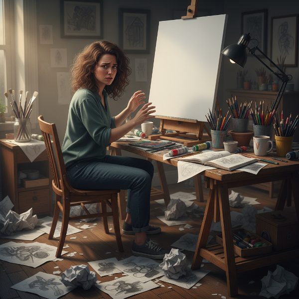 一位自由插画师在杂乱的工作台前，面对空白画布陷入创作瓶颈，表现出恐惧、焦虑与内心挣扎，同时隐含转变的希望。