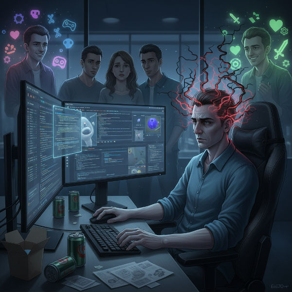 描绘一位28岁游戏开发者面临倦怠的场景，展现创业压力与团队责任。