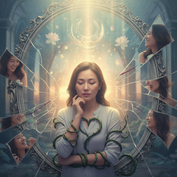 描绘女性经历挚友背叛后的情感创伤与自我疗愈旅程的象征性图像，包含破碎记忆、自我怀疑藤蔓和宽恕之光等隐喻元素。