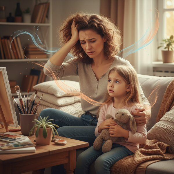 一幅描绘高度敏感母亲与敏感女儿之间情感互动的温馨插画，展现了爱与焦虑并存的家庭氛围。