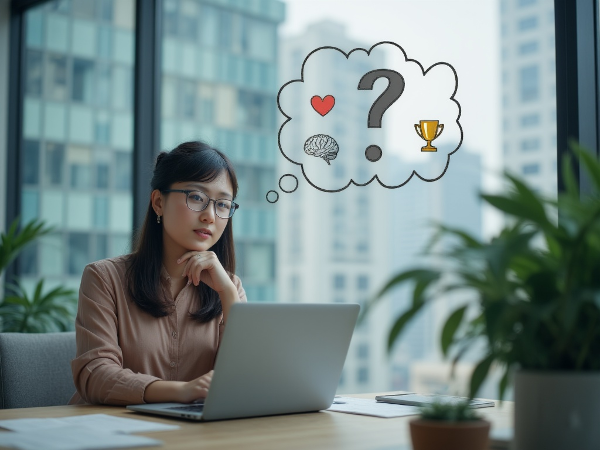 一位职业女性在办公室中沉思，思考着自我怀疑与成就认可的问题，画面融合了心理学与心身健康的象征元素。