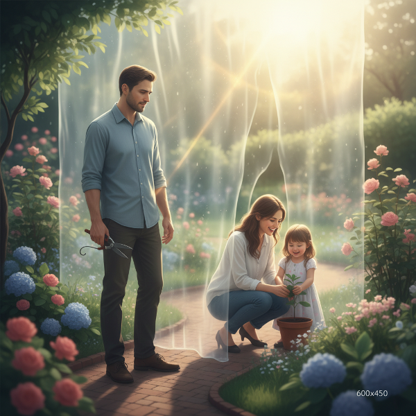 描绘一位内向的会计师在花园中感受到与家人之间无形的隔阂，渴望连接却难以表达。