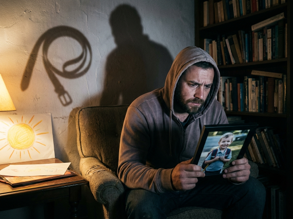 一位内向的30岁男子，在昏暗房间中拿着收养孩子的照片，墙上投射着童年体罚的阴影，脸上交织着爱与恐惧的复杂表情。