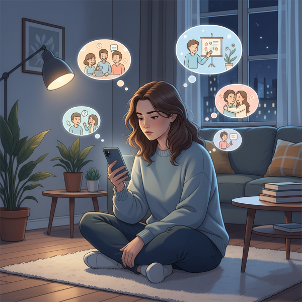 一位内向的年轻女性在夜晚的房间里，面对手机屏幕犹豫不决，内心充满对社交连接的渴望与表达焦虑。