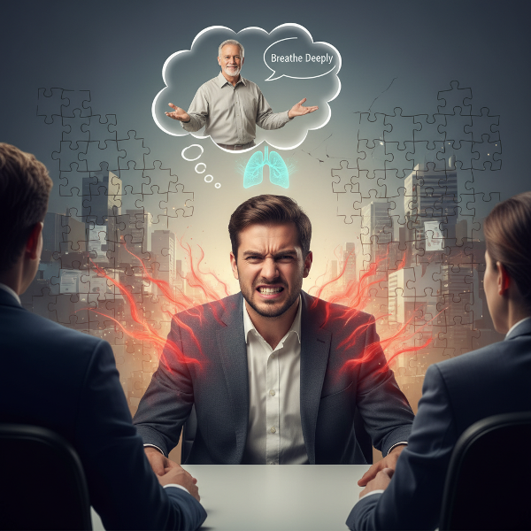 一位年轻男性在面试中感到愤怒，心理学家帮助他理解情绪背后的防御机制和未完成情境，引导他通过呼吸和认知调整恢复平静。