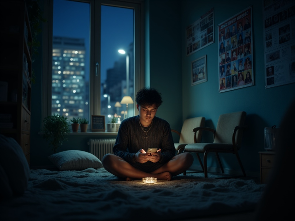 一名内向的20岁男大学生在夜晚的宿舍中感到孤独，空椅子和社交海报外，他看着手机上的线上朋友，象征孤立和对更深联系的渴望。
