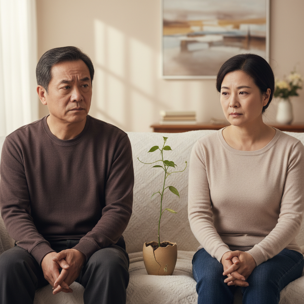 一对结婚20年的中年夫妻在家中沙发上，虽坐在一起却显情感疏离，柔光中一株小植物象征着重建亲密关系的希望。