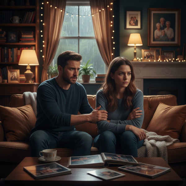 一对结婚15年的夫妻在客厅里，丈夫面露关切想沟通，妻子却略显疏离，画面表现情感距离与沟通障碍。