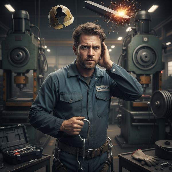 描绘一名41岁男性工人在目睹工伤事故后出现创伤后应激反应，在工厂环境中表现出焦虑和过度警觉。