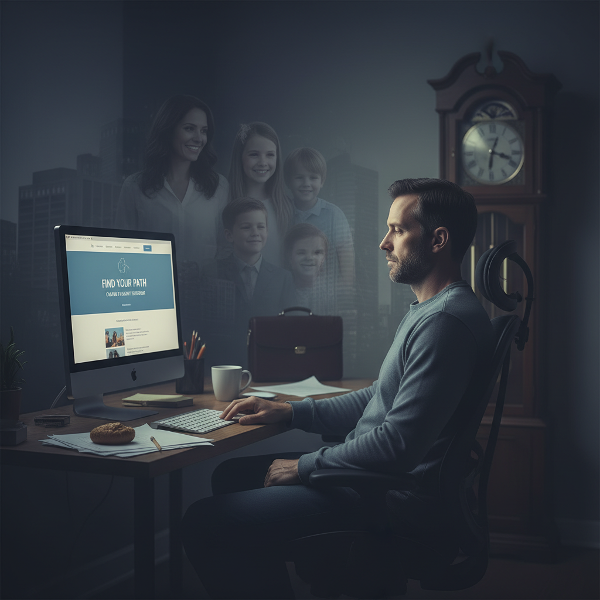 一位39岁男性在家庭办公室中，面对心理咨询网站屏幕，表情麻木，周围环绕着象征与工作、家庭疏离的视觉元素，整体色调灰暗，传达出情感耗竭和冷漠感。