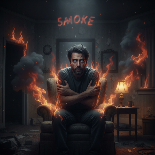 一位内向的男性经历火灾创伤后，在安全环境中仍被闪回、噩梦和过度警觉所困扰，展现了创伤后应激反应的内心挣扎。