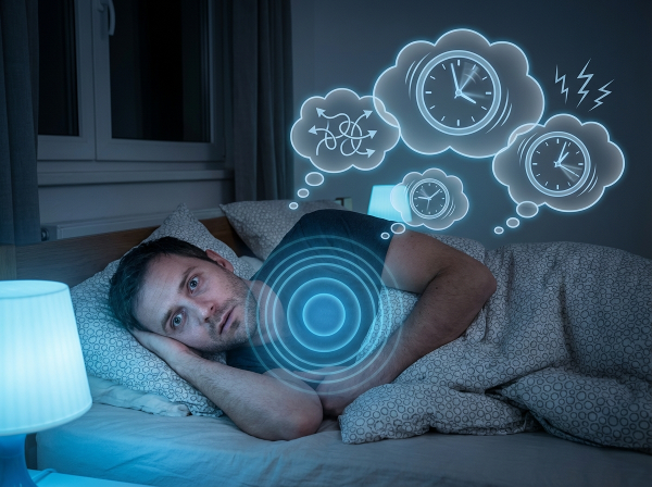 一位失眠男性尝试睡眠冥想，画面展现夜间思绪纷扰与冥想引导下的放松状态对比。