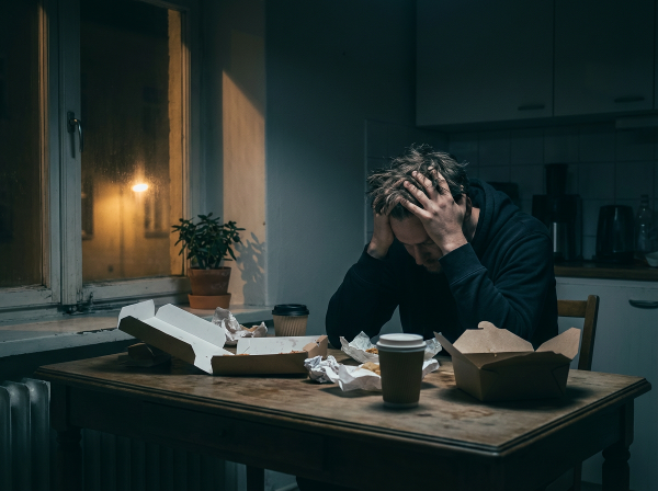 一位29岁男性在夜晚独自坐在昏暗房间里，周围是空食物容器，显得痛苦，但窗外有微光象征希望与改变。