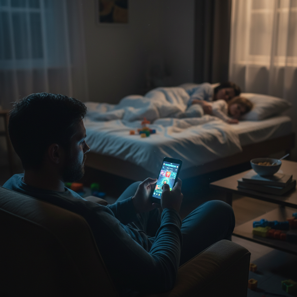 描绘一名36岁男性深夜沉迷手机游戏，忽视家庭与健康，陷入成瘾困境的场景。