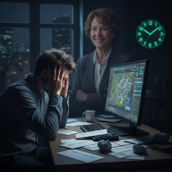 一名36岁男性深夜沉迷网络游戏，面对财务压力和焦虑，背景中浮现心理咨询师的支持形象。