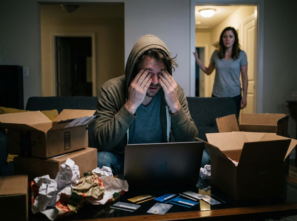 描绘一位男性深夜独自面对笔记本电脑，被购物包裹和信用卡包围，表情焦虑，伴侣在背景中关切注视的场景。