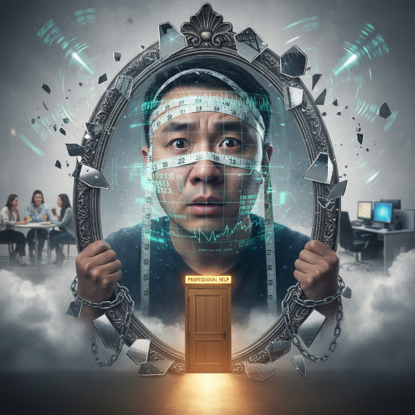 描绘一名男性被镜子困住的焦虑循环，象征对外貌的强迫性检查及其对生活的影响，以及寻求帮助的出路。