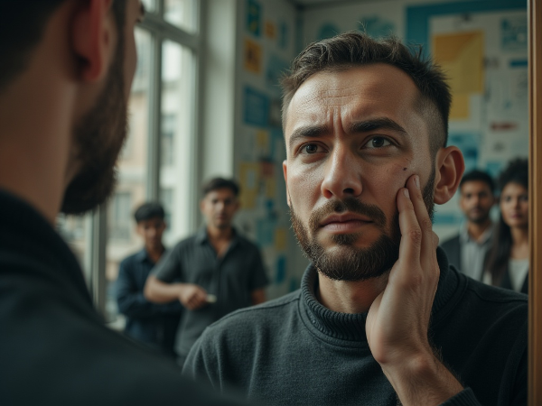 描绘一位31岁男性面对扭曲镜子，因身体形象障碍感到焦虑和社交回避的插图