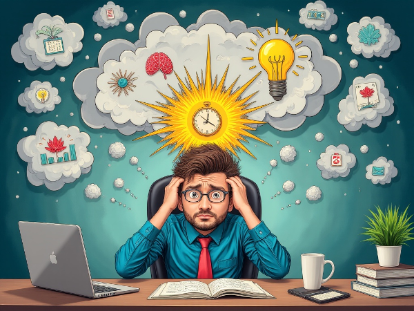 描绘一位27岁男性在工作压力下经历焦虑和健康担忧，同时展示应对策略如正念和放松技巧的图像。