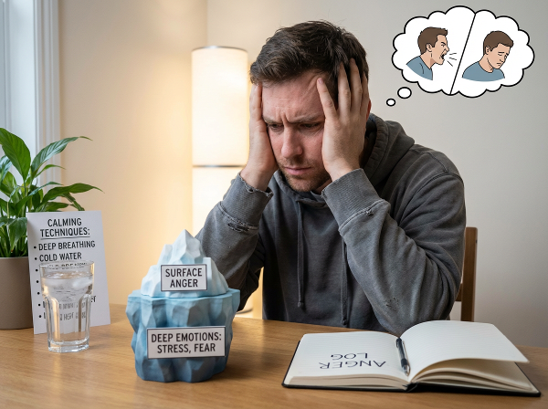 一位中年男性面对无法控制的愤怒情绪，图像通过冰山隐喻展现表层愤怒下的深层压力，以及愤怒日志、深呼吸等管理技巧，体现情绪冲突与寻求改变的过程。