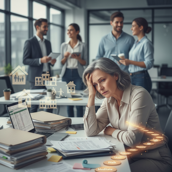 一位51岁女性在办公室中感到职业迷茫与压力，背景有年轻活力的同事，画面融合了家庭经济负担的象征元素，并展现寻找突破与希望的细微光芒。