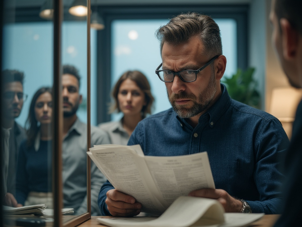 一位中年男性在职场中承受压力，面对强势上司的压迫，同时进行自我反思并寻找内在价值。