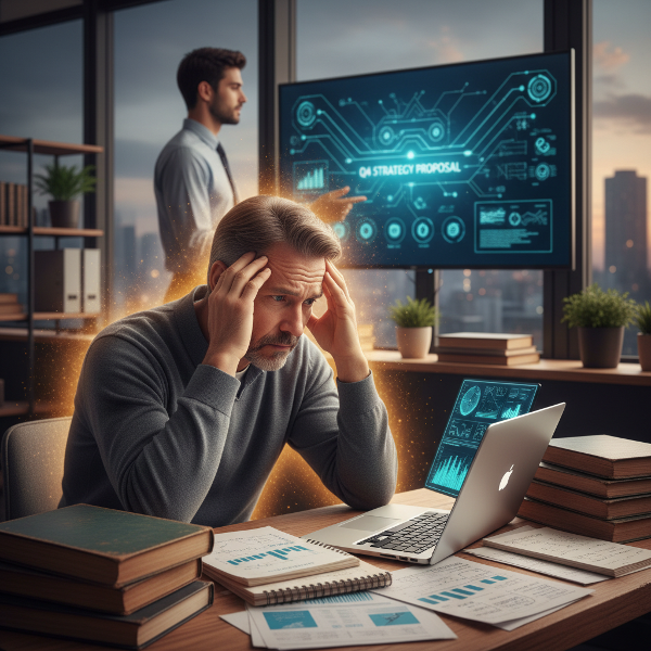 一位中年培训师在数字化工作环境中感到焦虑与迷茫，周围是年轻同事和新技术，但他自身散发着经验的光芒。