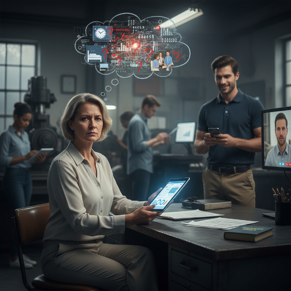 一位48岁女管理者在数字化转型中感到焦虑，面临新工具、年轻同事和领导的挑战，同时经历失眠和家庭紧张，寻求心态调整和职场定位。