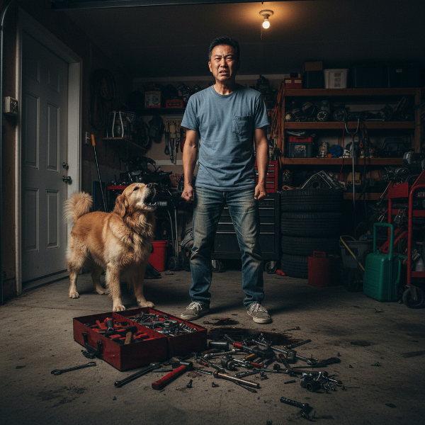 一位52岁男性在家中车库，因小事失控发怒，踢翻工具箱，表情困扰，背景有邻居的狗叫。