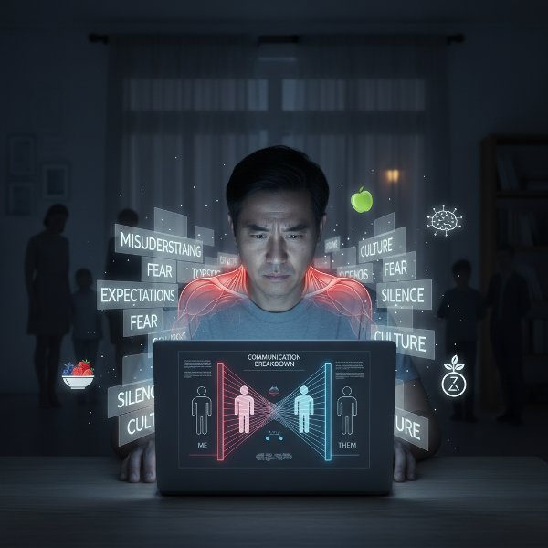 描绘一位45岁男性夜间独处，面对沟通障碍与身心联系的孤独感，周围环绕着象征心理治疗与健康调整的视觉元素。