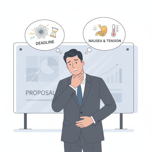 描绘一位48岁男性职场人士因工作压力导致颈部僵硬和胃部不适的场景，展现心身反应的关联