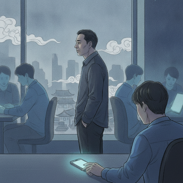 一位53岁男性中层管理者在办公室窗边，表情困惑，窗外光影朦胧，象征职场身份模糊与内心疏离，画面中手机亮光突出深夜拖延场景。