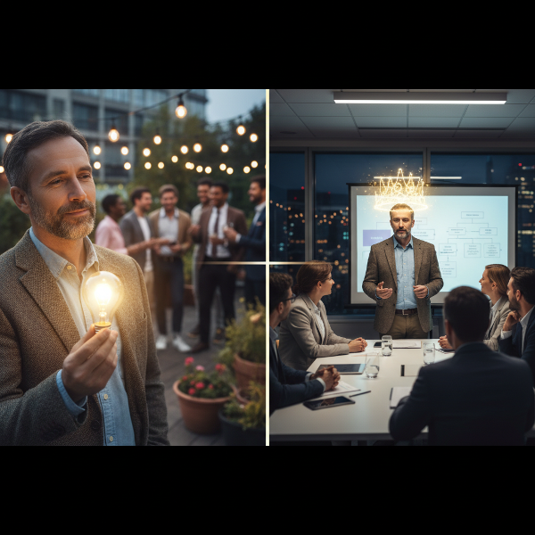 描绘一位49岁内向男性从社交焦虑到自信表达的转变过程，用象征手法表现年龄带来的智慧与成长。